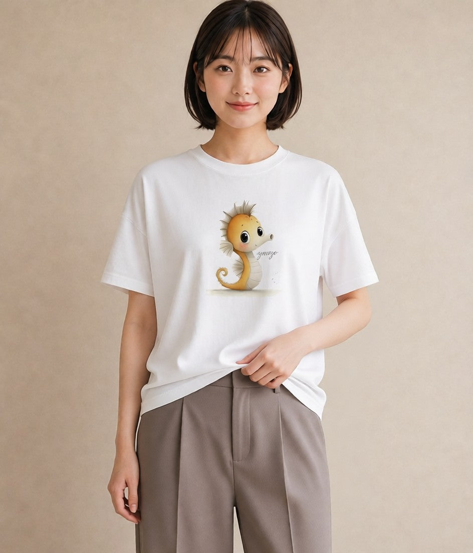 デザインTシャツ レディース タツノオトシゴ 海の生き物 海 イラスト ラフカジュアル 敬老の日 ホワイトデー 白T
