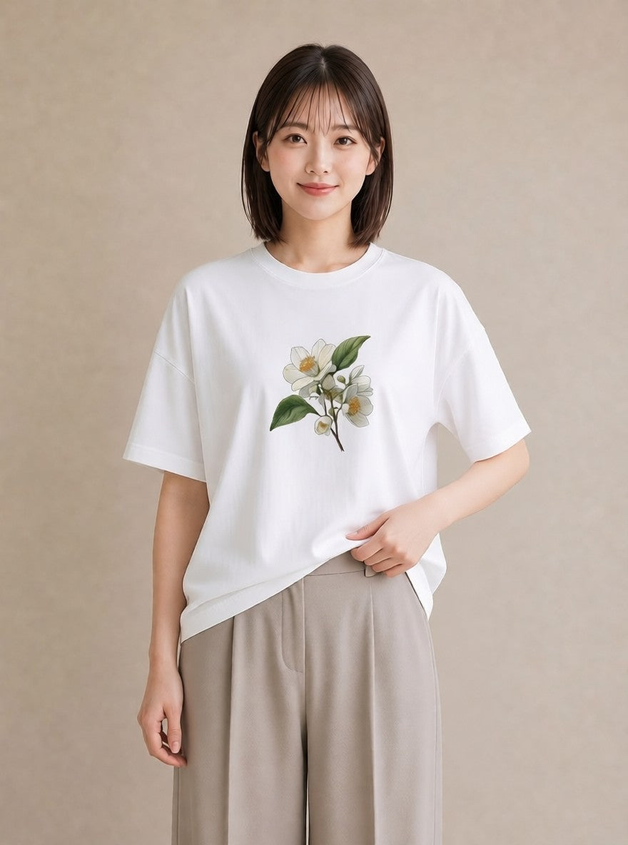 グラフィックTシャツ レディース 金木犀 花 花柄 イラスト 可愛い カジュアルコーデ 買い物 白T