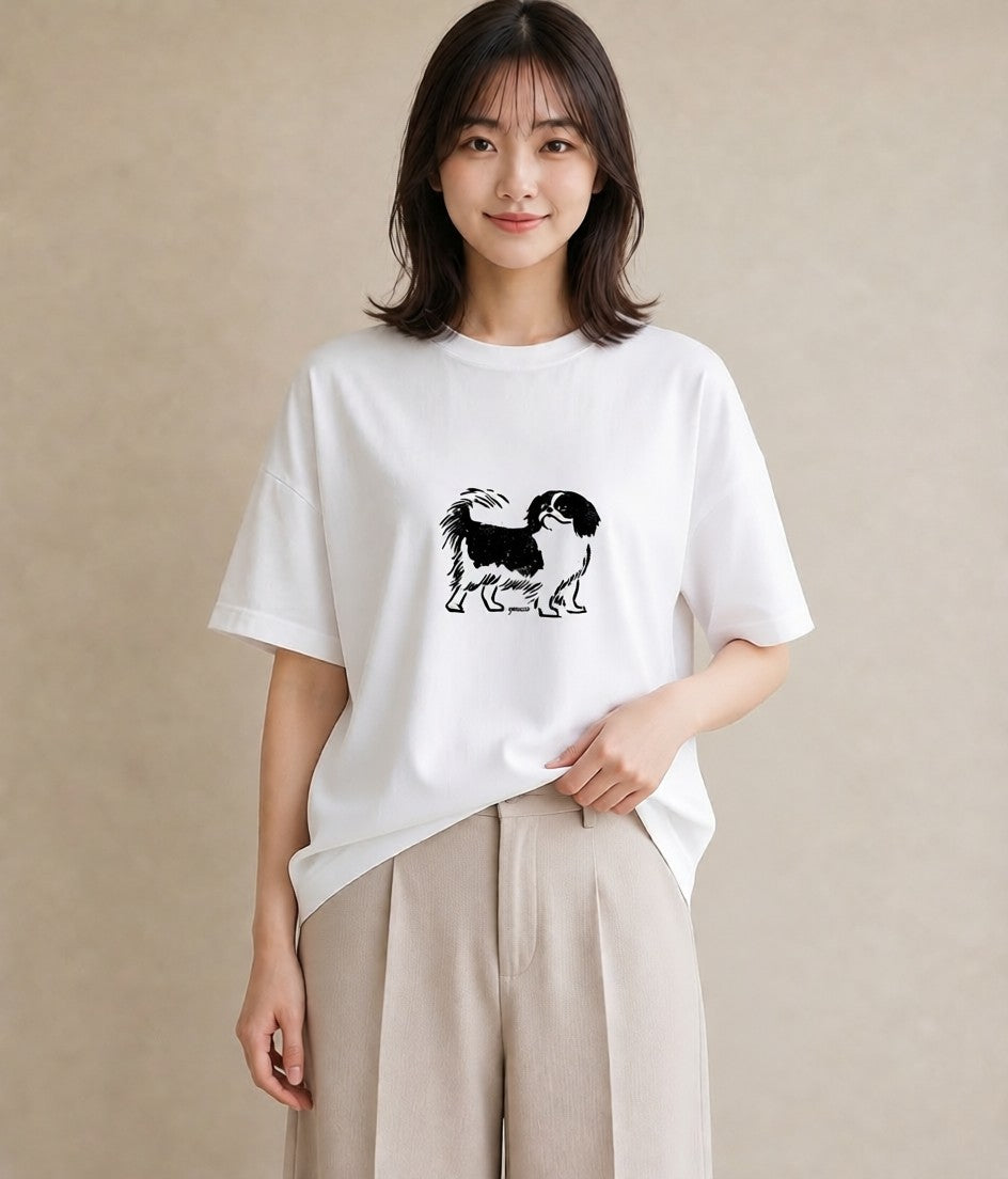 Tシャツ レディース 狆 犬 いぬ イラスト ナチュラル 普段着 週末コーデ 白T