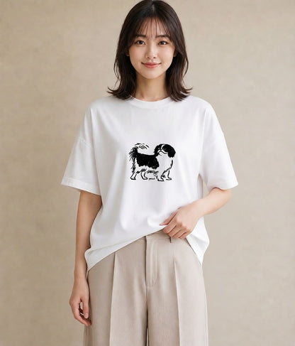 Tシャツ レディース 狆 犬 いぬ イラスト ナチュラル 普段着 週末コーデ 白T