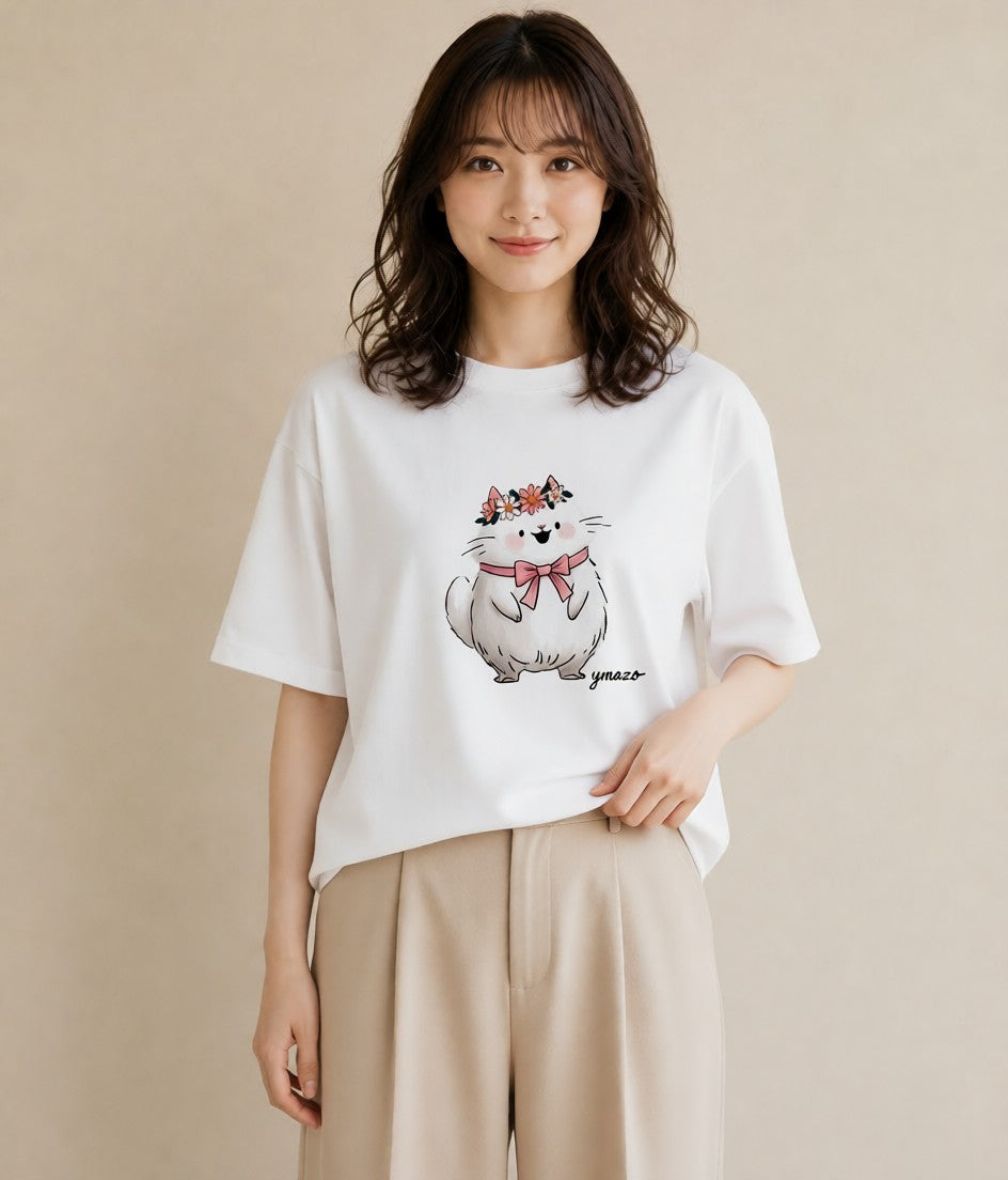 デザインTシャツ レディース 白猫 猫 ねこ イラスト レトロ カフェ巡り 女子会 白T