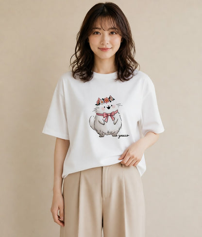 デザインTシャツ レディース 白猫 猫 ねこ イラスト レトロ カフェ巡り 女子会 白T