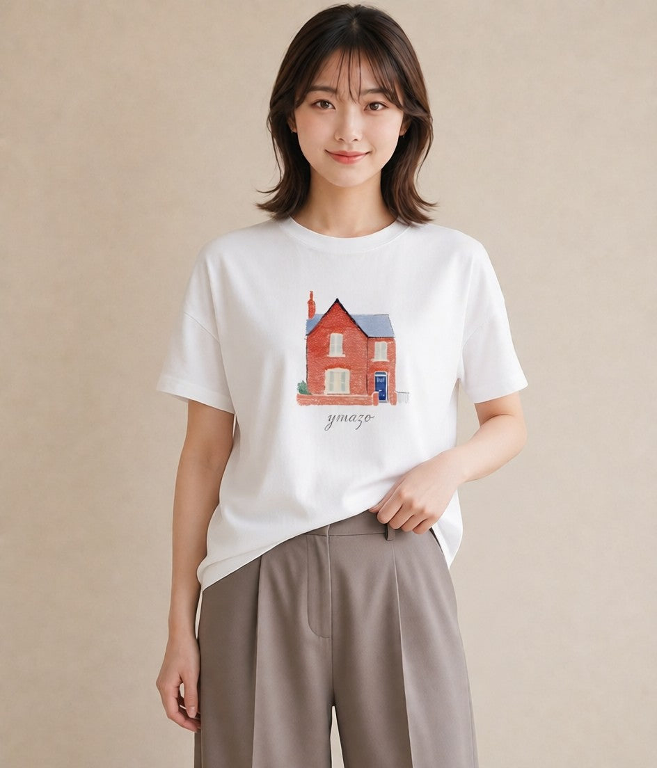 半袖Tシャツ レディース 湖畔の小屋 湖 小屋 ナチュラル アンティーク イラスト ユニーク 母の日 ビーチ 白T