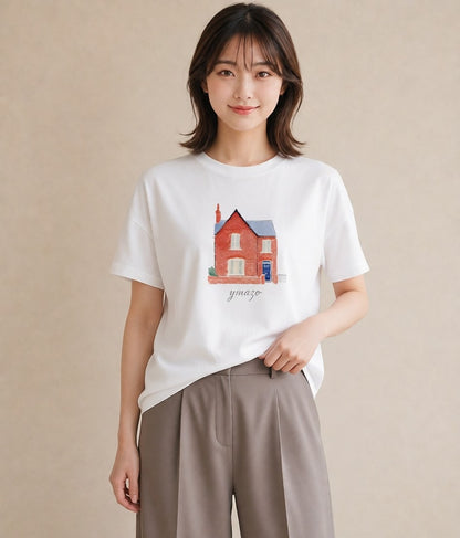 半袖Tシャツ レディース 湖畔の小屋 湖 小屋 ナチュラル アンティーク イラスト ユニーク 母の日 ビーチ 白T