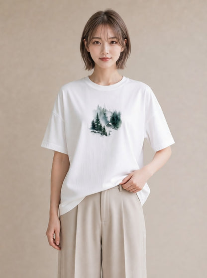 プリントTシャツ レディース 湖畔の小屋 湖 小屋 ナチュラル アンティーク イラスト 休日コーデ 誕生日プレゼント 綿100 白T