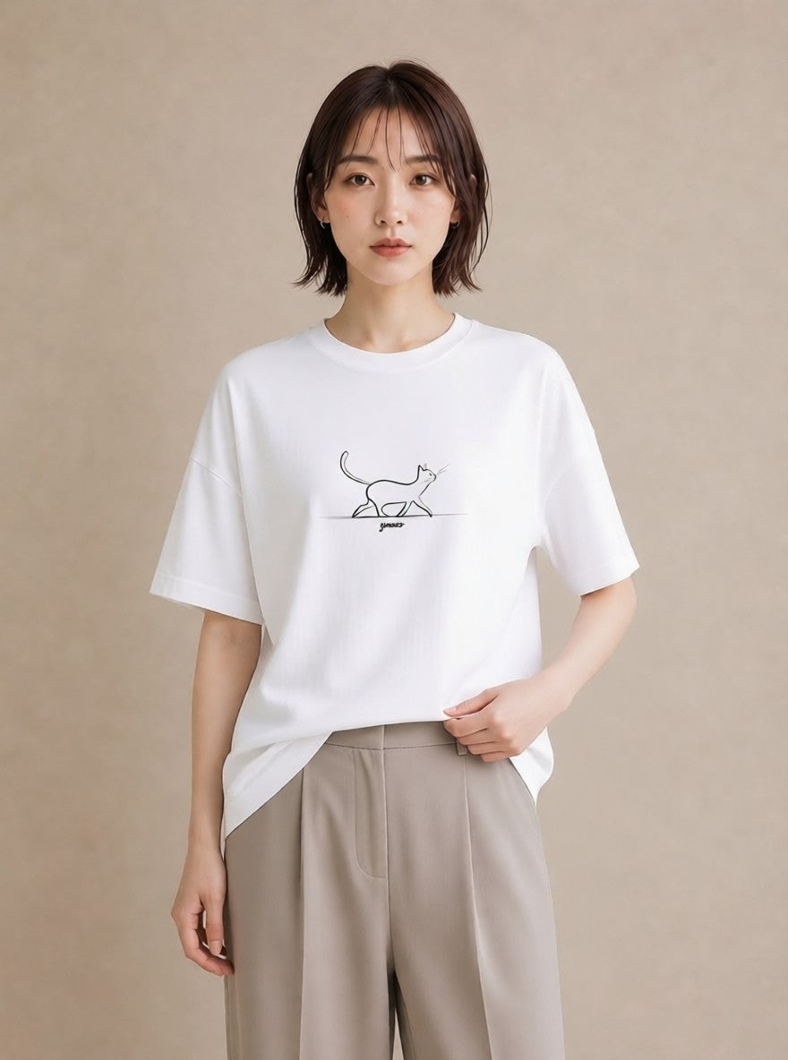 Tシャツ レディース 猫 ねこ ネコ イラスト 手描き風 休日 ペアコーデ 白T