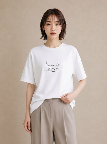 Tシャツ レディース 猫 ねこ ネコ イラスト 手描き風 休日 ペアコーデ 白T