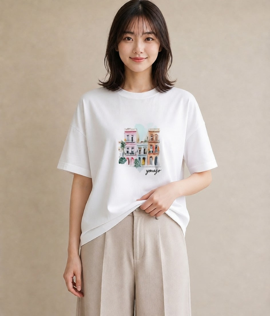 グラフィックTシャツ レディース 夕暮れ バルコニー 夕焼け ナチュラル アンティーク イラスト 上品 女子会 お揃い 白T