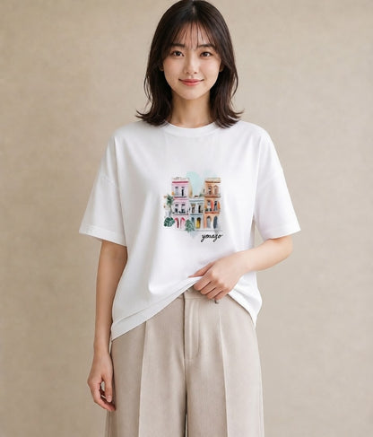 グラフィックTシャツ レディース 夕暮れ バルコニー 夕焼け ナチュラル アンティーク イラスト 上品 女子会 お揃い 白T
