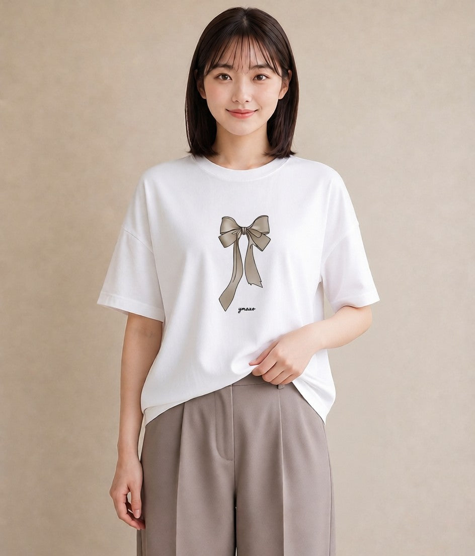 プリントTシャツ レディース リボン ボウ りぼん イラスト モード ホワイトデー 春服 白T