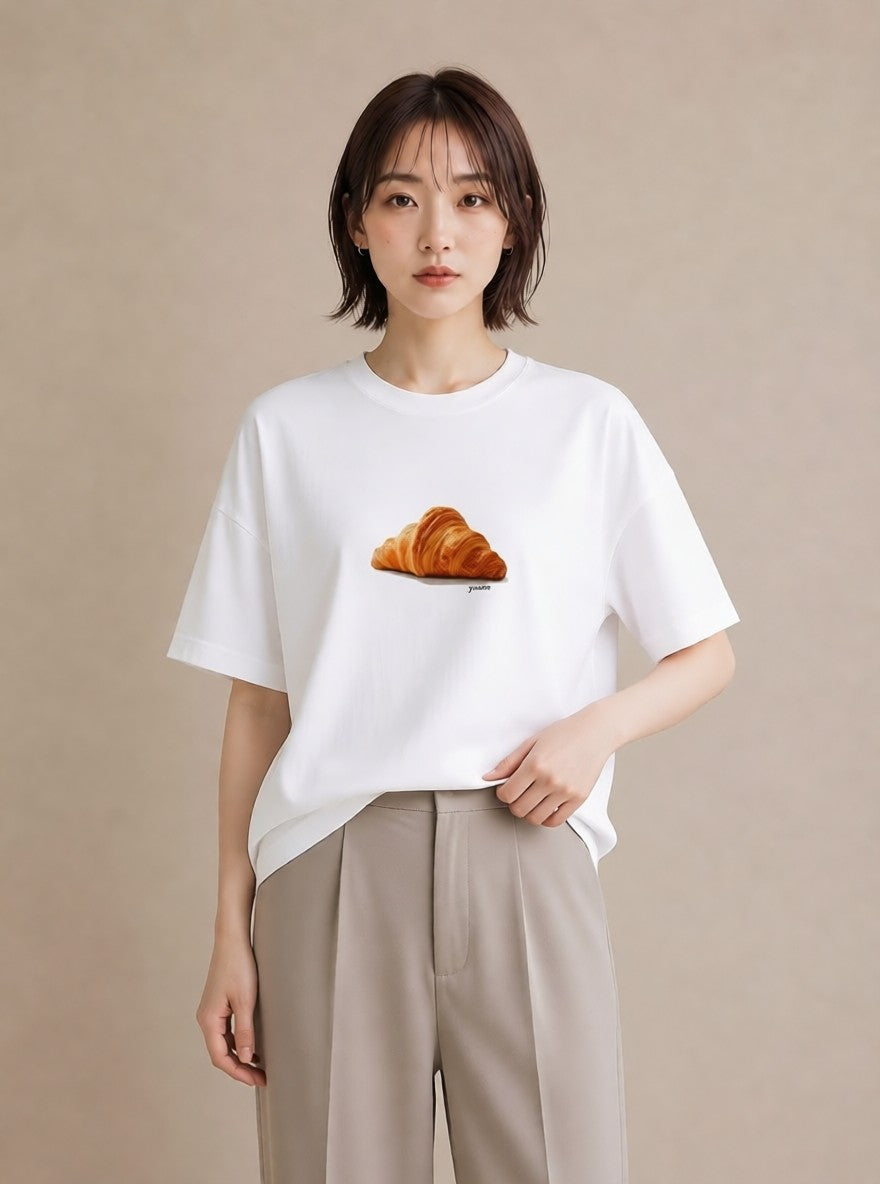 半袖Tシャツ レディース パン ベーカリー レトロ イラスト ミニマル デイリーウェア 休日 白T