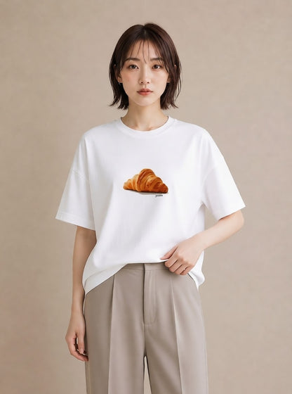 半袖Tシャツ レディース パン ベーカリー レトロ イラスト ミニマル デイリーウェア 休日 白T