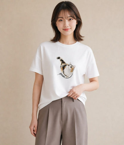 プリントTシャツ レディース シャム柄 猫 ねこ イラスト 淡色 カジュアルコーデ 買い物 白T