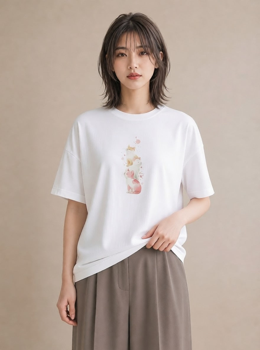 Tシャツ レディース 肉球 猫 ねこ イラスト ゆるコーデ ママ カフェ服 白T