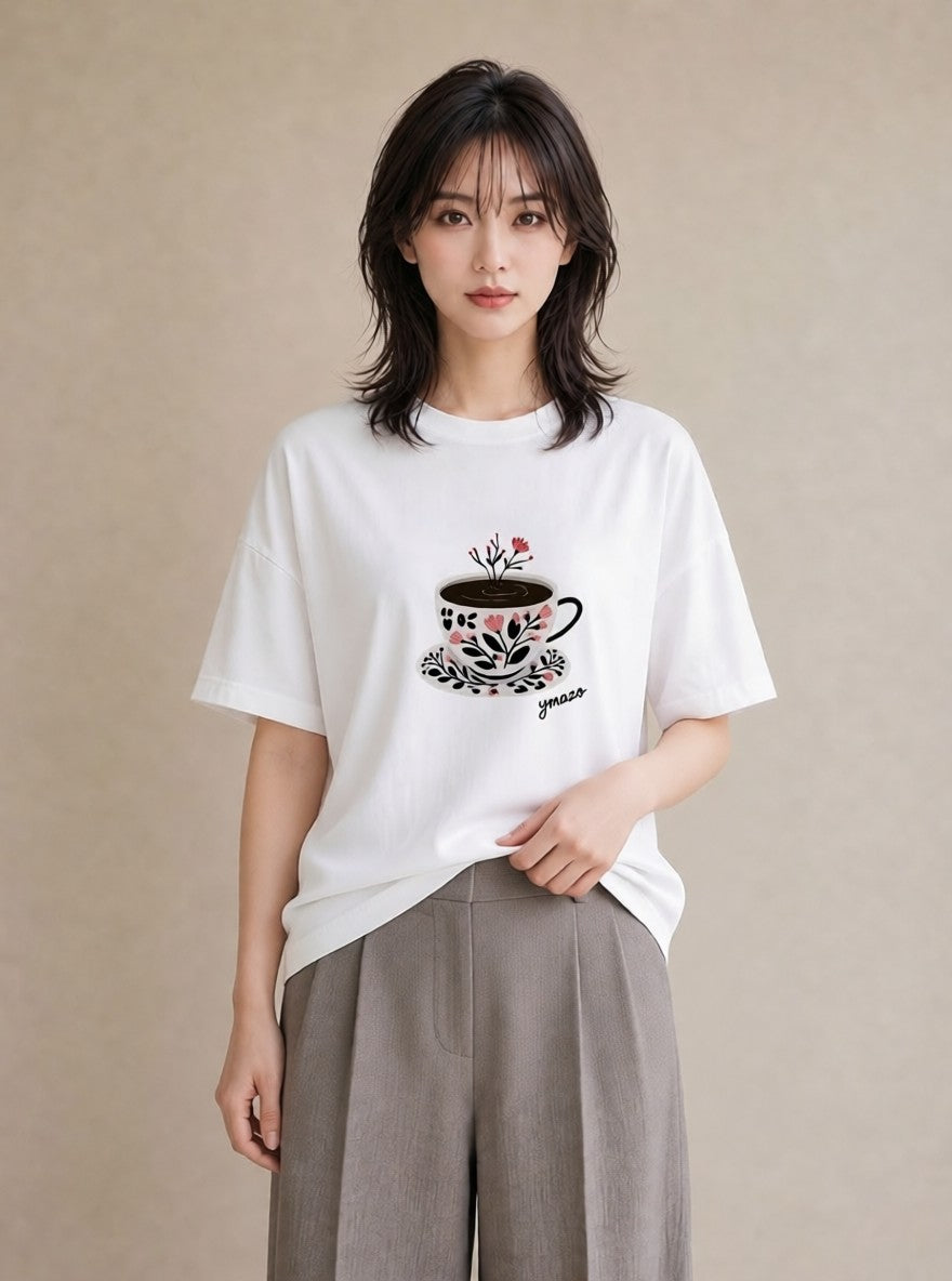 Tシャツ レディース 紅茶 食べ物 フード イラスト ラフカジュアル 公園 ママ 白T