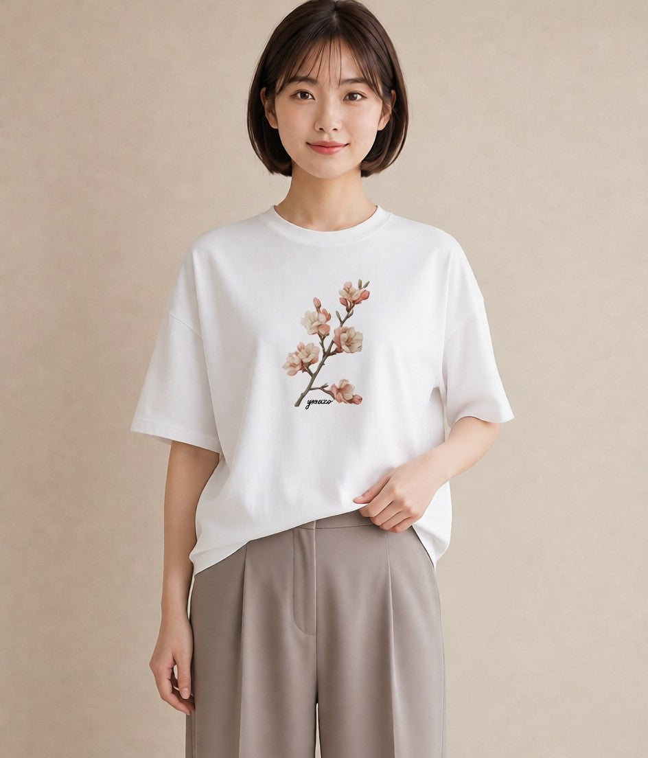 プリントTシャツ レディース 梅 花 花柄 イラスト 上品 綿100 デート 白T