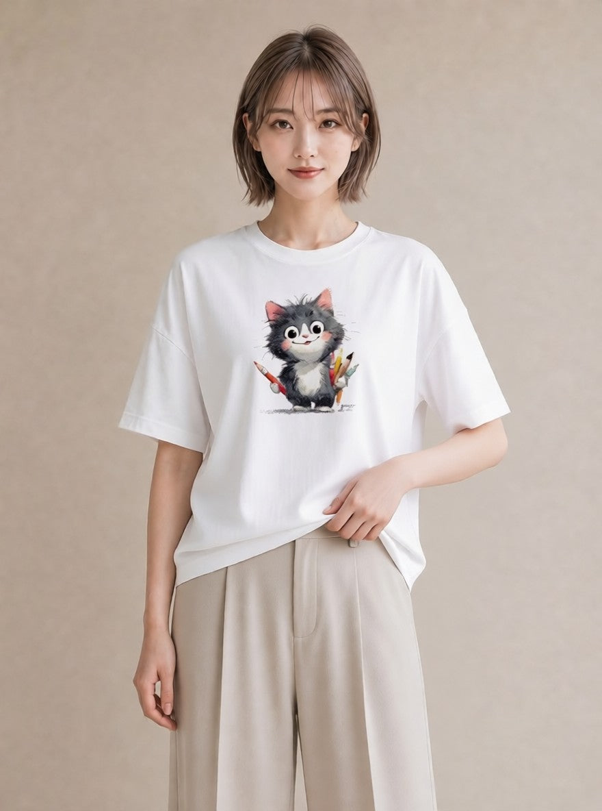 プリントTシャツ レディース ハチワレ 白黒猫 猫 ねこ イラスト 水彩風 旅行用 海 白T