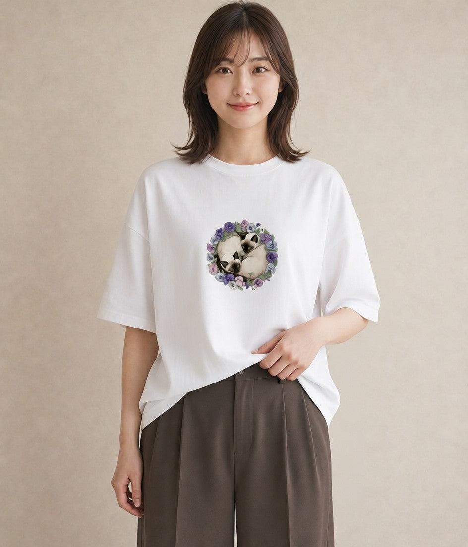 Tシャツ レディース シャム柄 猫 ねこ イラスト ユニーク 女子会 お揃い 白T