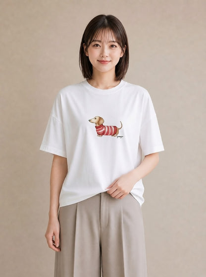 Tシャツ レディース ミニチュアダックスフンド 犬 いぬ イラスト ミニマル 姉妹 送別ギフト 白T