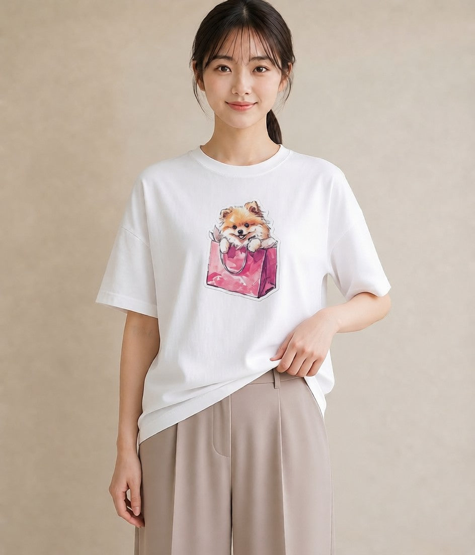 半袖Tシャツ レディース ポメラニアン ポメ 犬 いぬ イラスト ミニマル お出かけ 普段着 白T