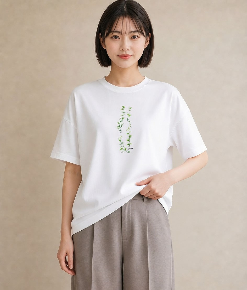 プリントTシャツ レディース 葉っぱ 植物 ボタニカル イラスト 韓国風 散歩 お出かけ 白T