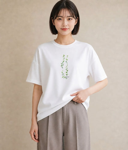 プリントTシャツ レディース 葉っぱ 植物 ボタニカル イラスト 韓国風 散歩 お出かけ 白T