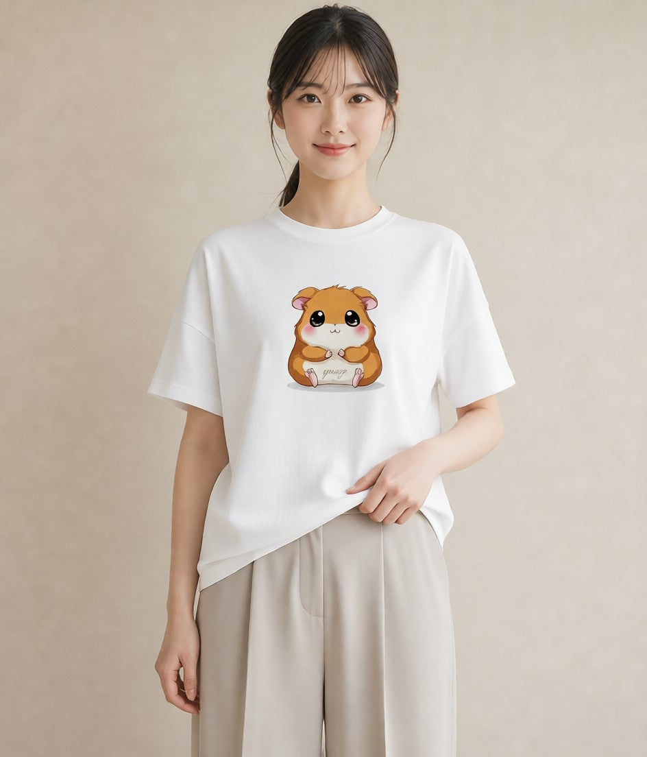 Tシャツ レディース ハムスター ペット 動物 イラスト フェミニン 通学 誕生日プレゼント 白T