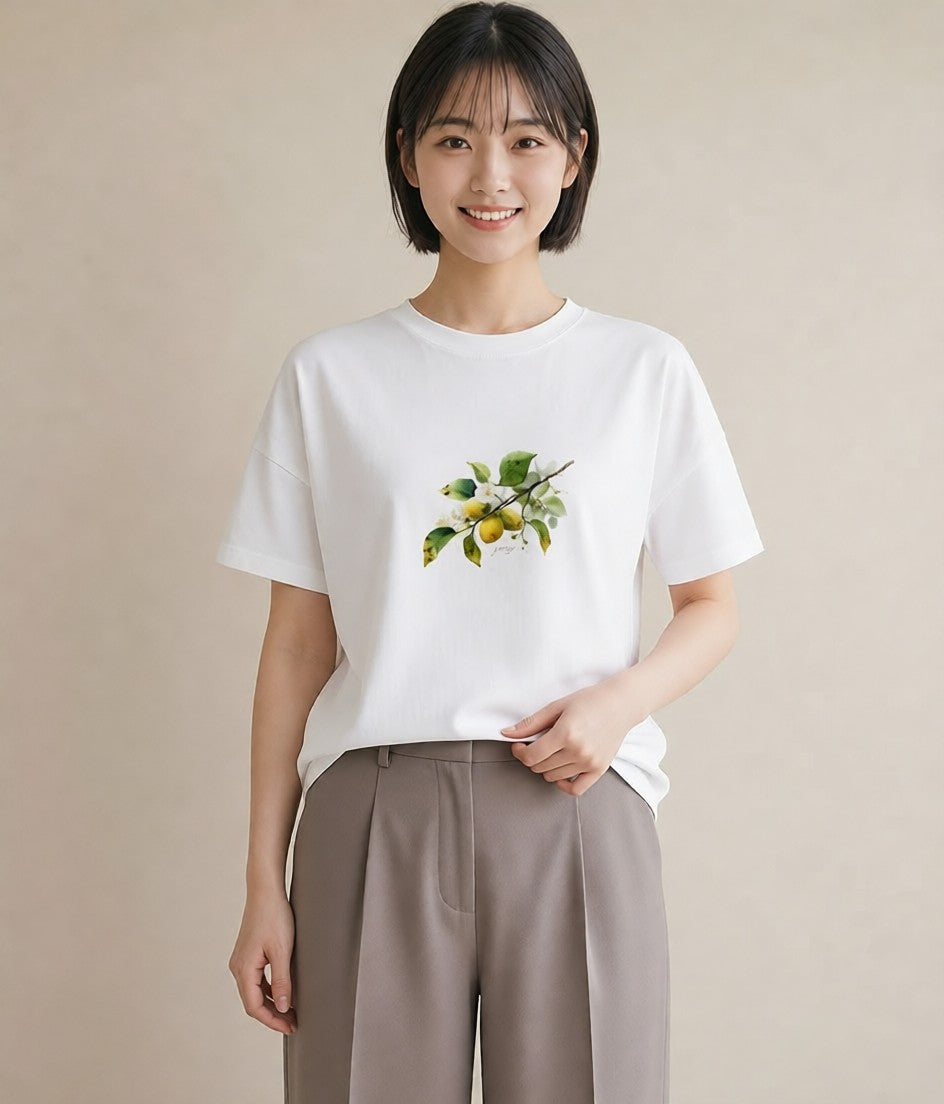 Tシャツ レディース 金木犀 花 花柄 イラスト 淡色 お出かけ 普段着 白T