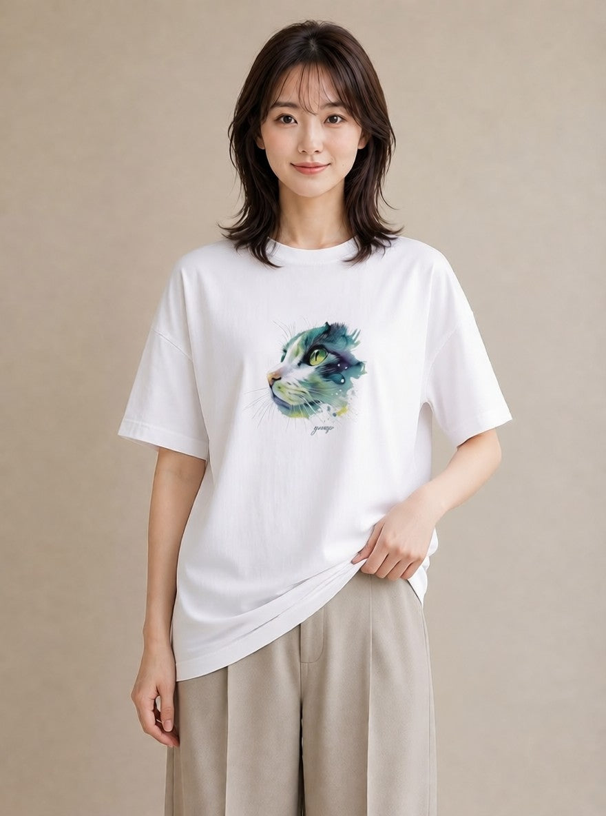 半袖Tシャツ レディース スコティッシュフォールド 猫 ねこ イラスト カフェコーデ 部屋着 女性向けギフト 白T