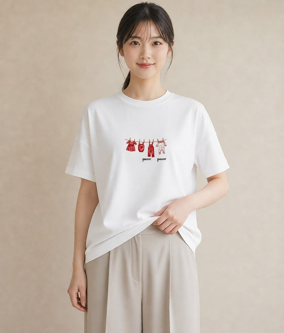グラフィックTシャツ レディース 洗濯物 風 ナチュラル アンティーク イラスト お洒落 通勤 在宅 白T