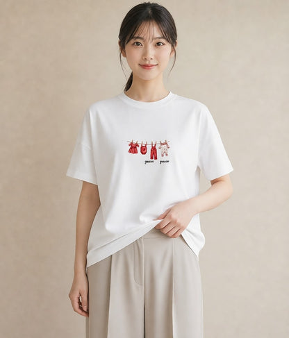 グラフィックTシャツ レディース 洗濯物 風 ナチュラル アンティーク イラスト お洒落 通勤 在宅 白T