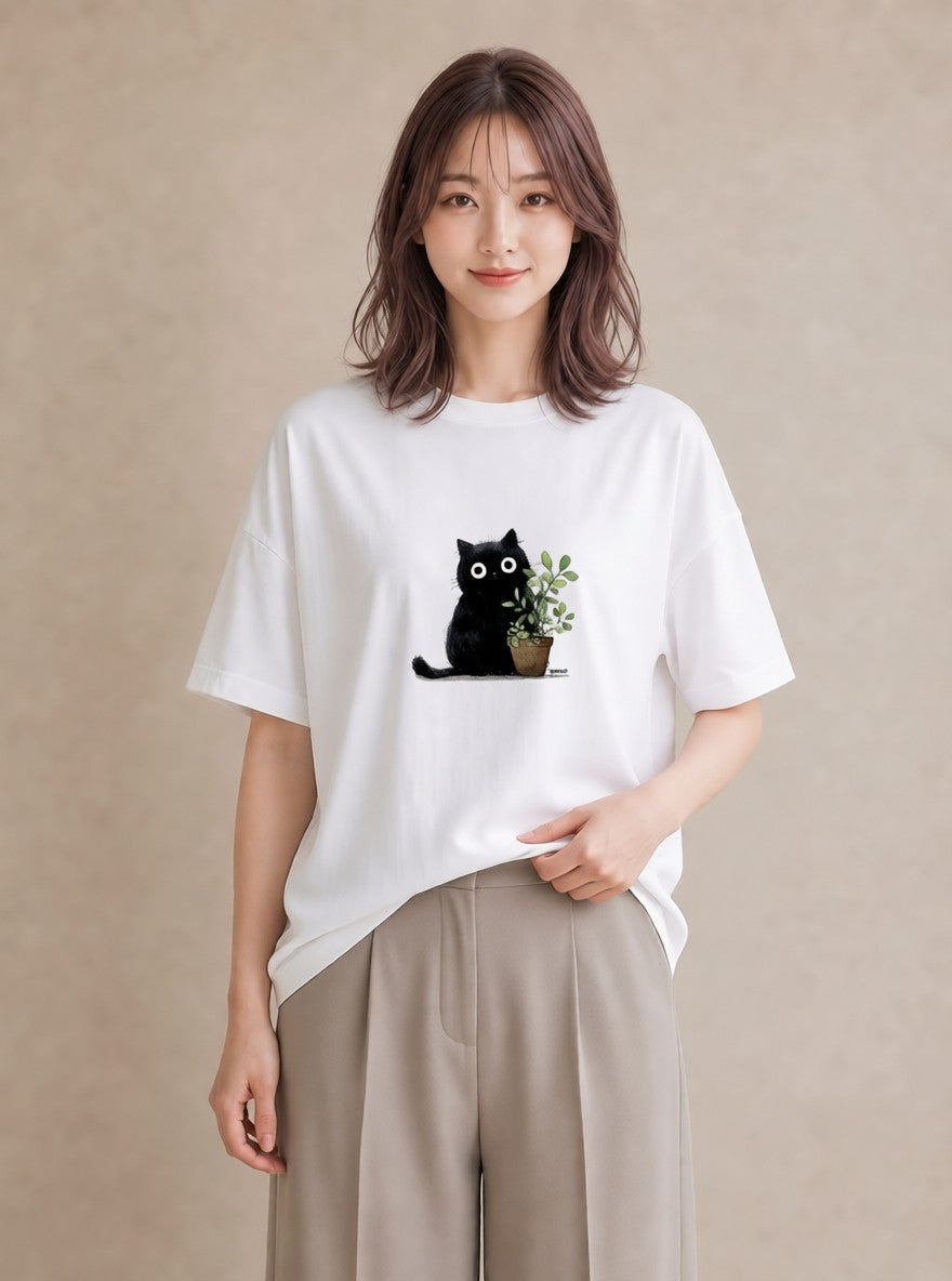 半袖Tシャツ レディース 黒猫 猫 ねこ イラスト 韓国風 普段着 週末コーデ 白T
