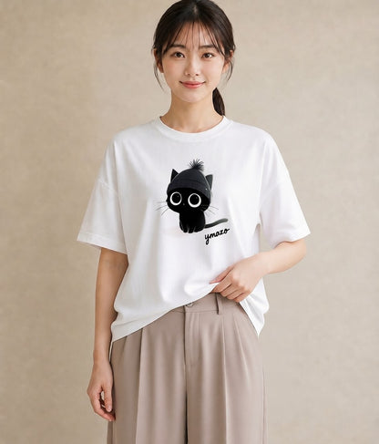 プリントTシャツ レディース 黒猫 猫 ねこ イラスト アート風 通勤 在宅 白T