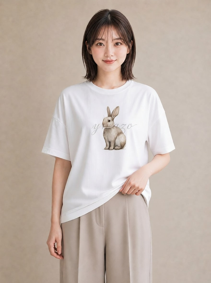 デザインTシャツ レディース ウサギ系野生 動物 アニマル イラスト ナチュラル 誕生日プレゼント 綿100 白T