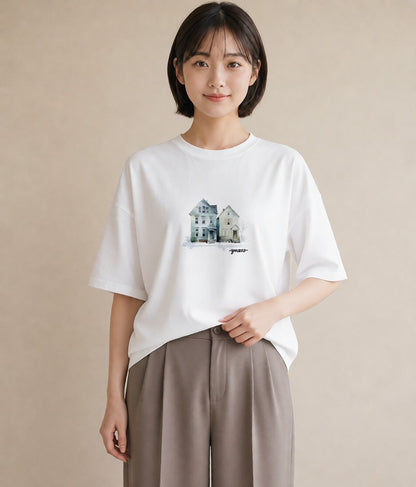 グラフィックTシャツ レディース 湖畔の小屋 湖 小屋 ナチュラル アンティーク イラスト ラフカジュアル 女性 旅行用 白T