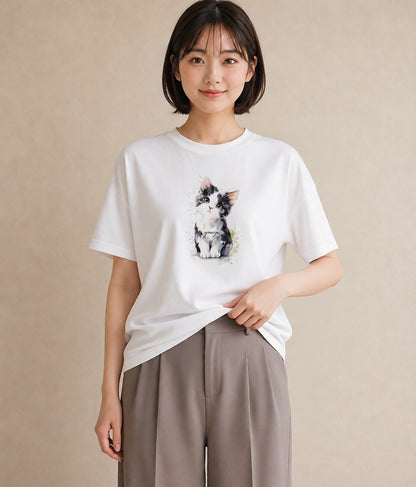 半袖Tシャツ レディース 猫 ねこ イラスト 北欧風 誕生日プレゼント 綿100 白T