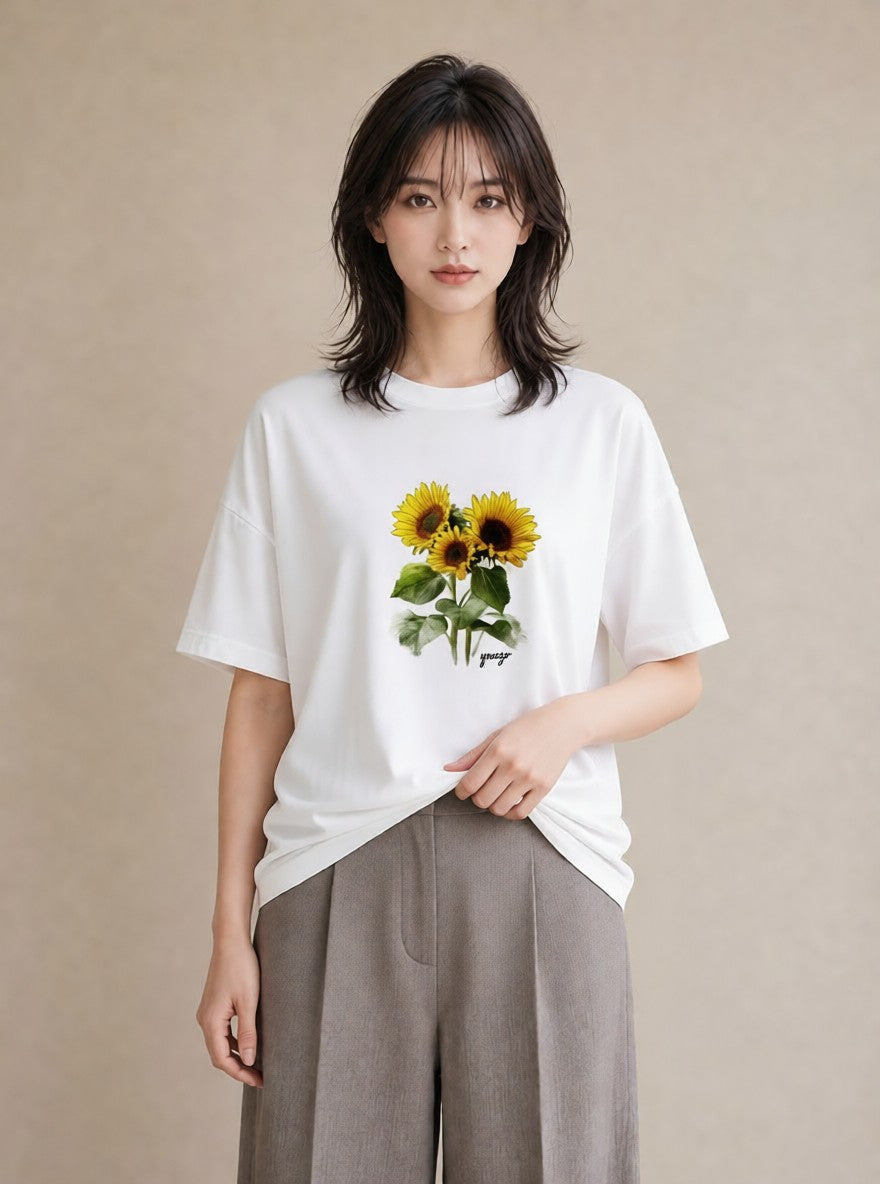 グラフィックTシャツ レディース ひまわり 向日葵 花 花柄 イラスト 手描き風 通学 誕生日プレゼント 白T