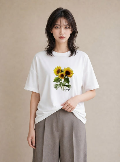 グラフィックTシャツ レディース ひまわり 向日葵 花 花柄 イラスト 手描き風 通学 誕生日プレゼント 白T