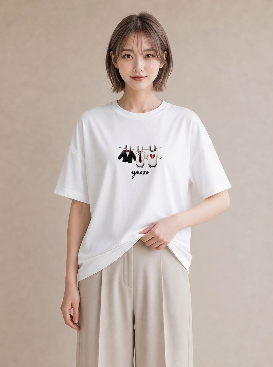 プリントTシャツ レディース 洗濯物 風 ナチュラル アンティーク イラスト 旅行コーデ デート 帰省 白T