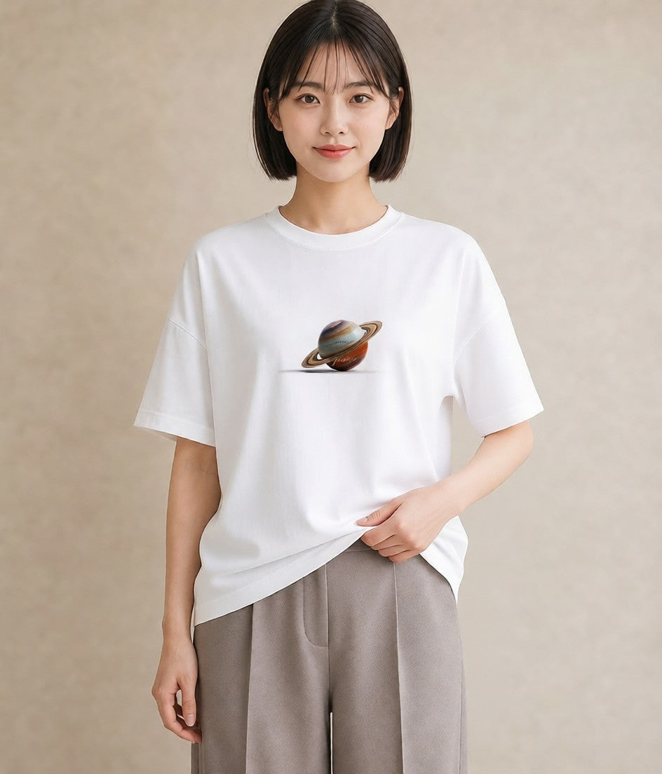 プリントTシャツ レディース 土星 星空 宇宙 イラスト 旅行コーデ ルームウェア ギフト 白T