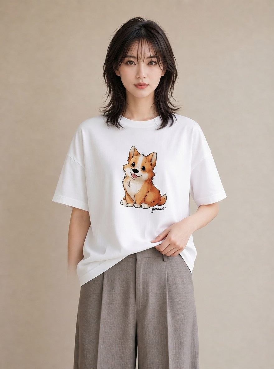 プリントTシャツ レディース ウェルシュコーギー コーギー 犬 いぬ イラスト ヴィンテージ風 旅行用 海 白T