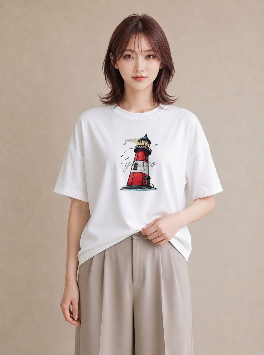 デザインTシャツ レディース 灯台 霧 海 ナチュラル アンティーク イラスト 手描き風 ホワイトデー 春服 白T