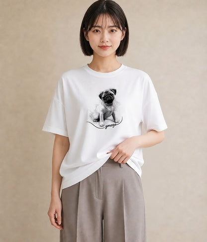 半袖Tシャツ レディース パグ 犬 いぬ イラスト ミニマル 散歩 お出かけ 白T