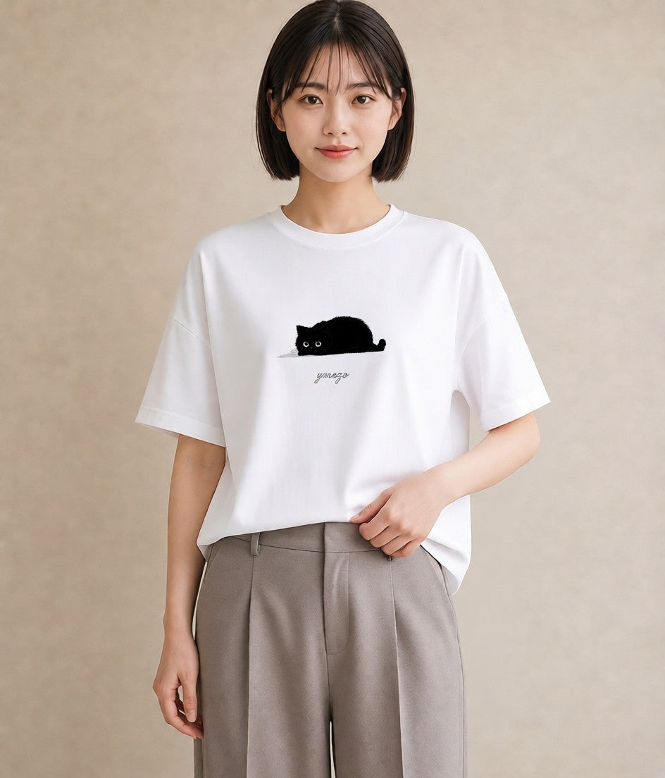 半袖Tシャツ レディース 黒猫 猫 ねこ イラスト ニュアンス 女性向けギフト 散歩 白T