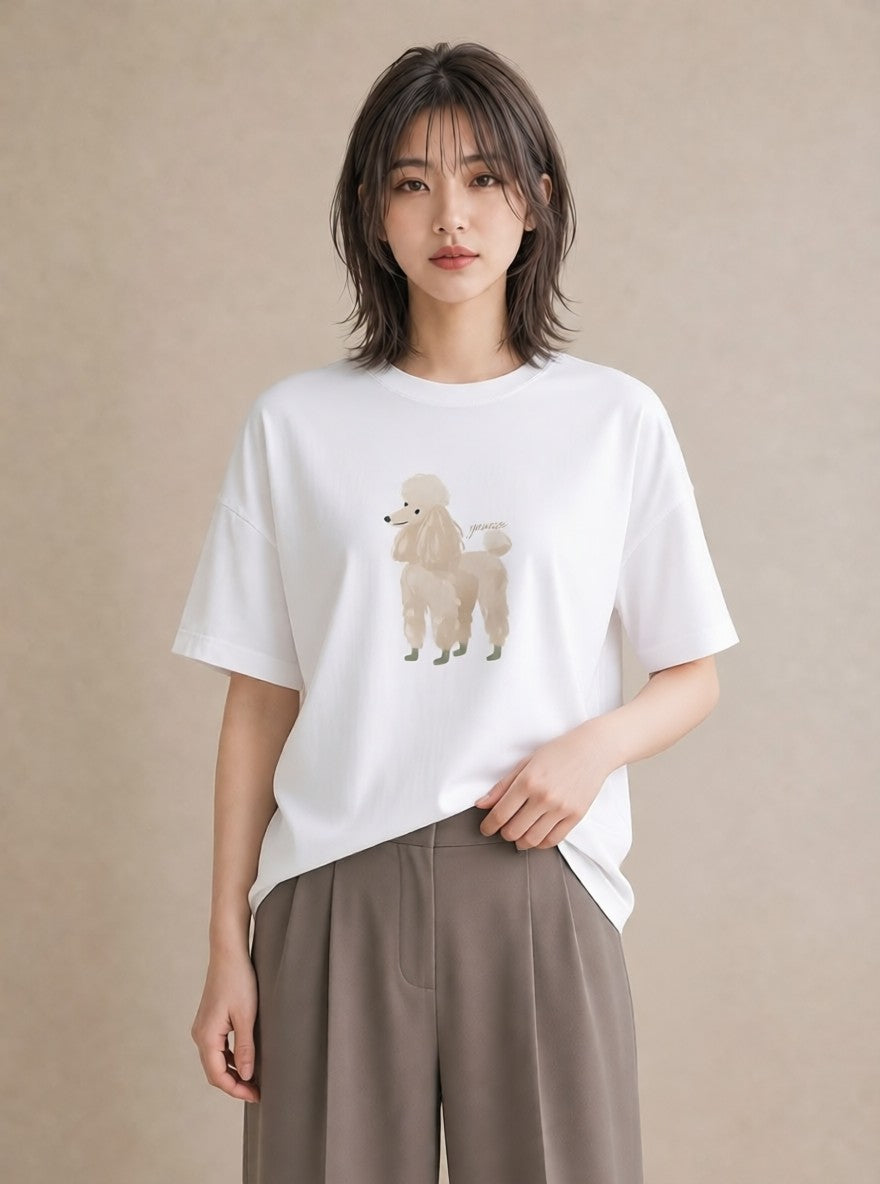 グラフィックTシャツ レディース トイプードル プードル 犬 いぬ イラスト 可愛い 春服 ミセス 白T