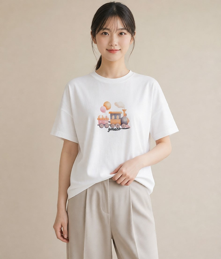 Tシャツ レディース 駅のホーム ローカル線 駅 ナチュラル アンティーク イラスト シック 旅行用 海 白T