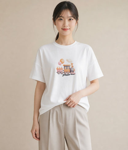 Tシャツ レディース 駅のホーム ローカル線 駅 ナチュラル アンティーク イラスト シック 旅行用 海 白T
