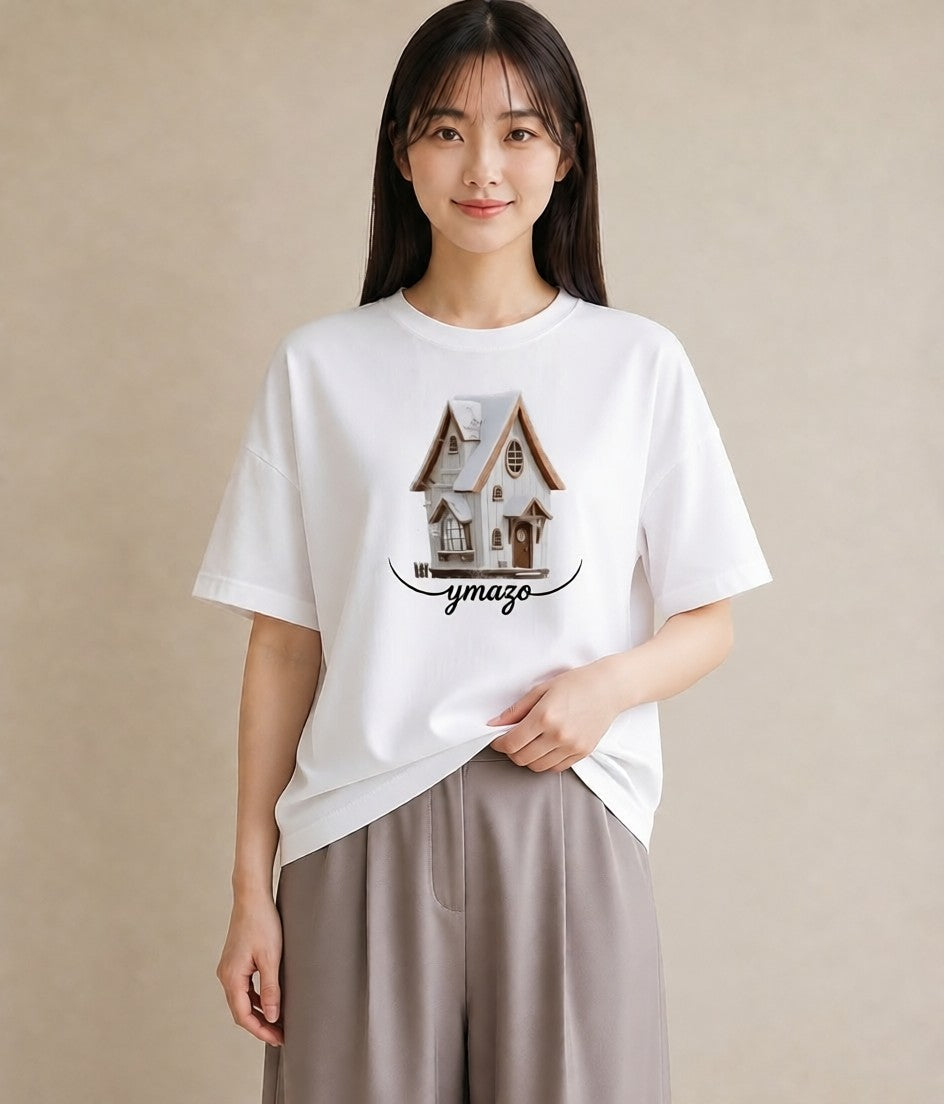 プリントTシャツ レディース 灯りの家 小屋 夜 ナチュラル アンティーク イラスト ガーリー ペアコーデ 秋コーデ 白T