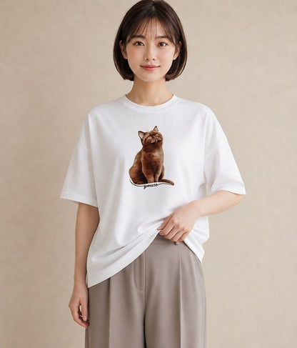半袖Tシャツ レディース ロシアンブルー 猫 ねこ イラスト 線画 母娘コーデ 自分用 白T