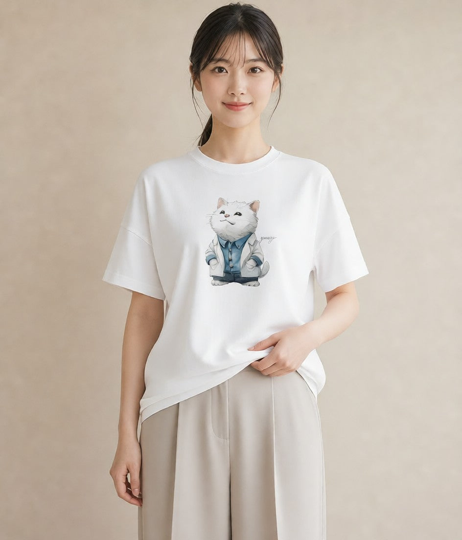 グラフィックTシャツ レディース サバトラ 猫 ねこ イラスト フェミニン デイリーウェア 休日 白T